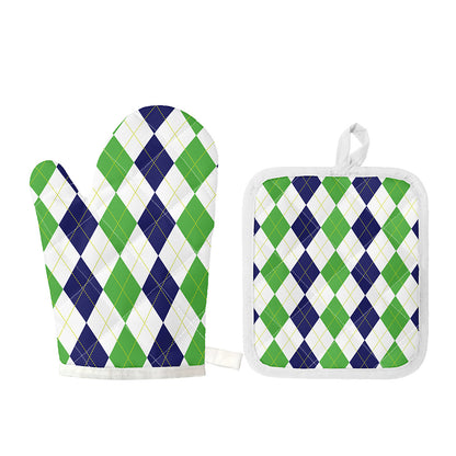 Green White And Navy Argyle Print Oven Mitt And Pot Holder Set