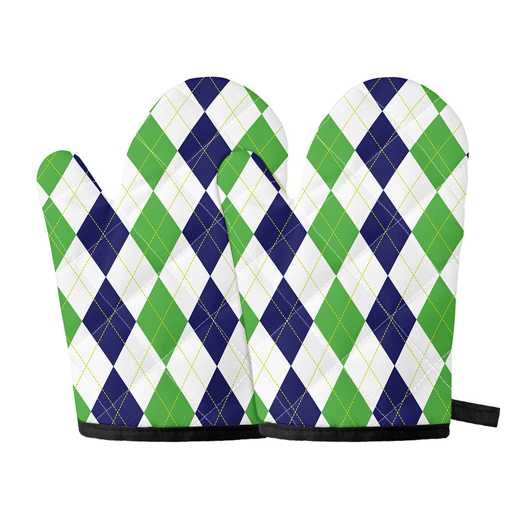 Green White And Navy Argyle Print Oven Mitts