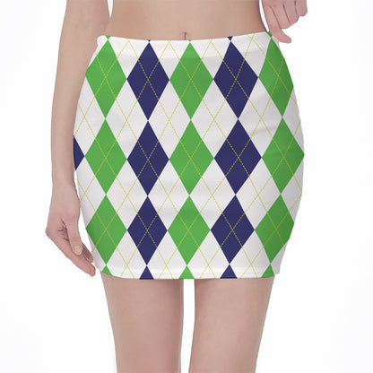Green White And Navy Argyle Print Pencil Mini Skirt