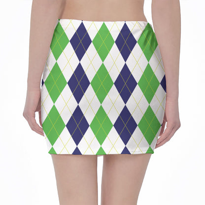Green White And Navy Argyle Print Pencil Mini Skirt