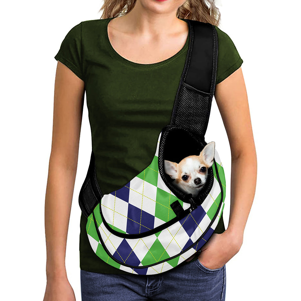 Green White And Navy Argyle Print Pet Sling Carrier