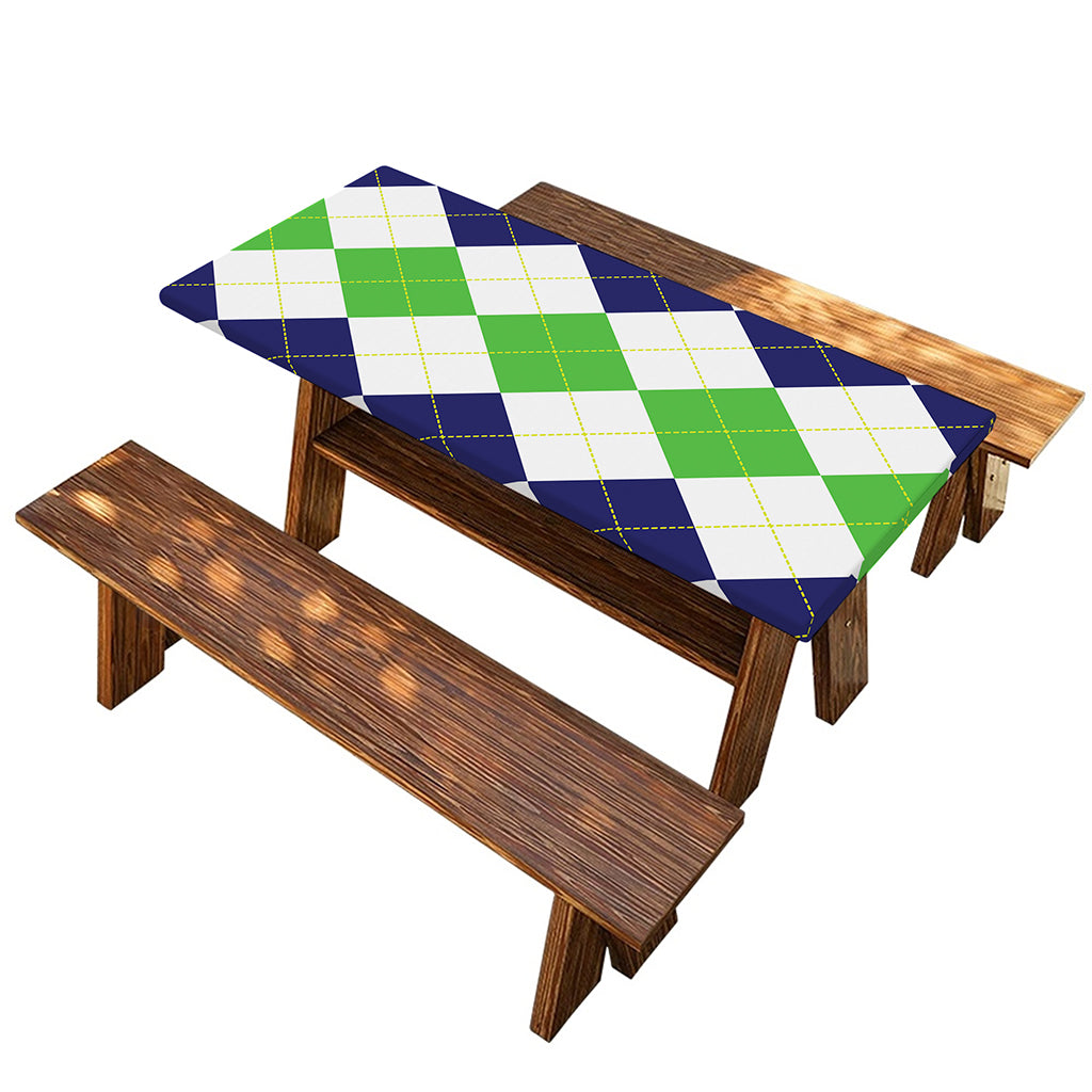 Green White And Navy Argyle Print Picnic Table Cover