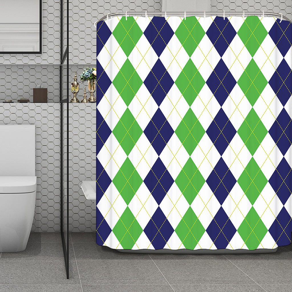 Green White And Navy Argyle Print Polyester Shower Curtain