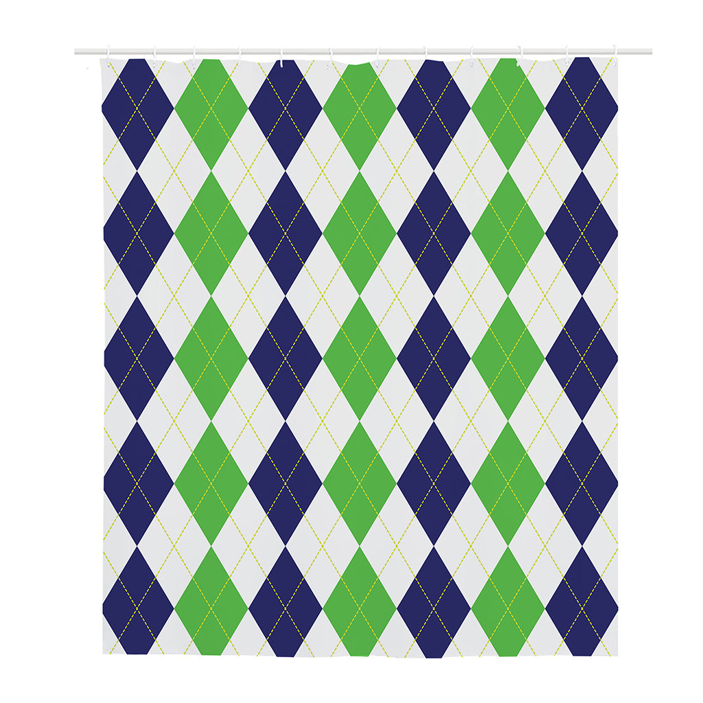 Green White And Navy Argyle Print Polyester Shower Curtain