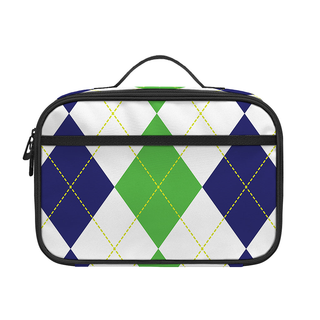 Green White And Navy Argyle Print Portable Lunch Bag
