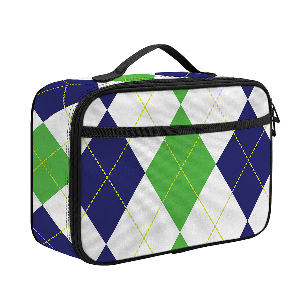 Green White And Navy Argyle Print Portable Lunch Bag