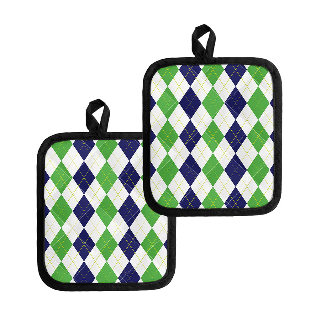 Green White And Navy Argyle Print Pot Holders