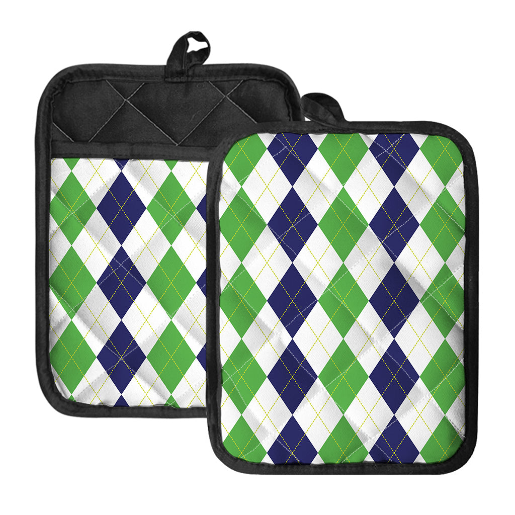 Green White And Navy Argyle Print Pot Holders With Pocket