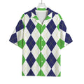 Green White And Navy Argyle Print Rayon Hawaiian Shirt