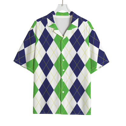 Green White And Navy Argyle Print Rayon Hawaiian Shirt