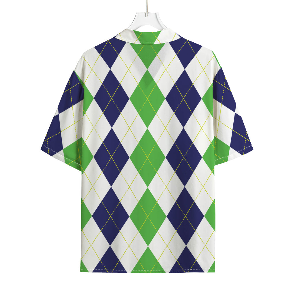Green White And Navy Argyle Print Rayon Hawaiian Shirt