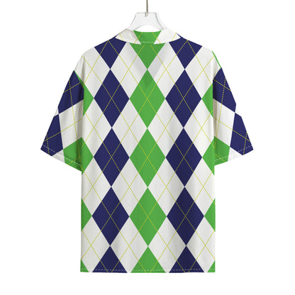 Green White And Navy Argyle Print Rayon Hawaiian Shirt