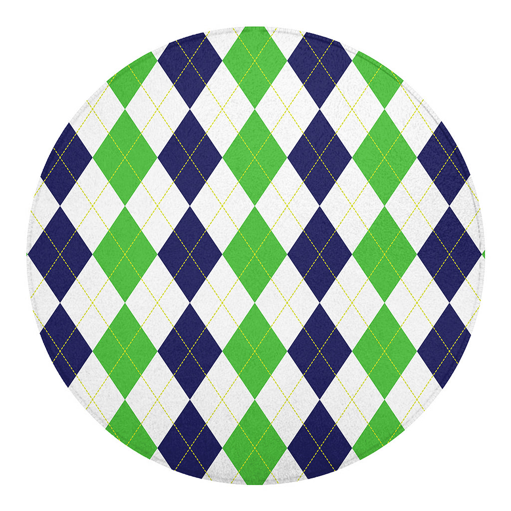 Green White And Navy Argyle Print Round Blanket