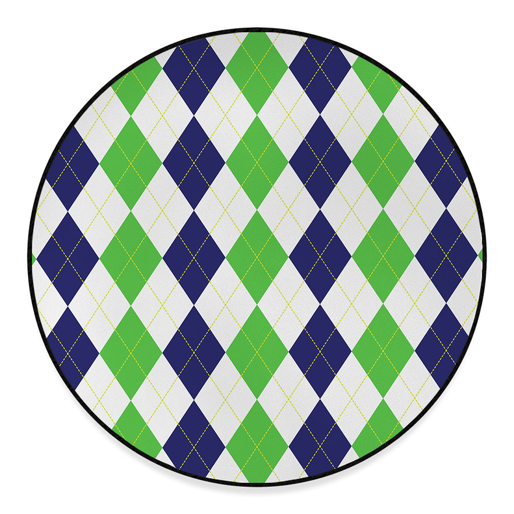 Green White And Navy Argyle Print Round Floor Mat