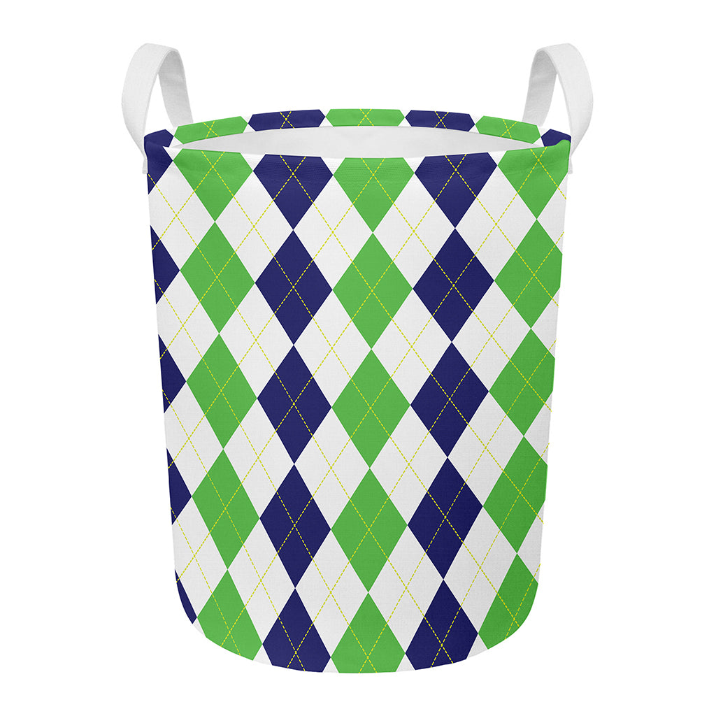 Green White And Navy Argyle Print Round Laundry Basket
