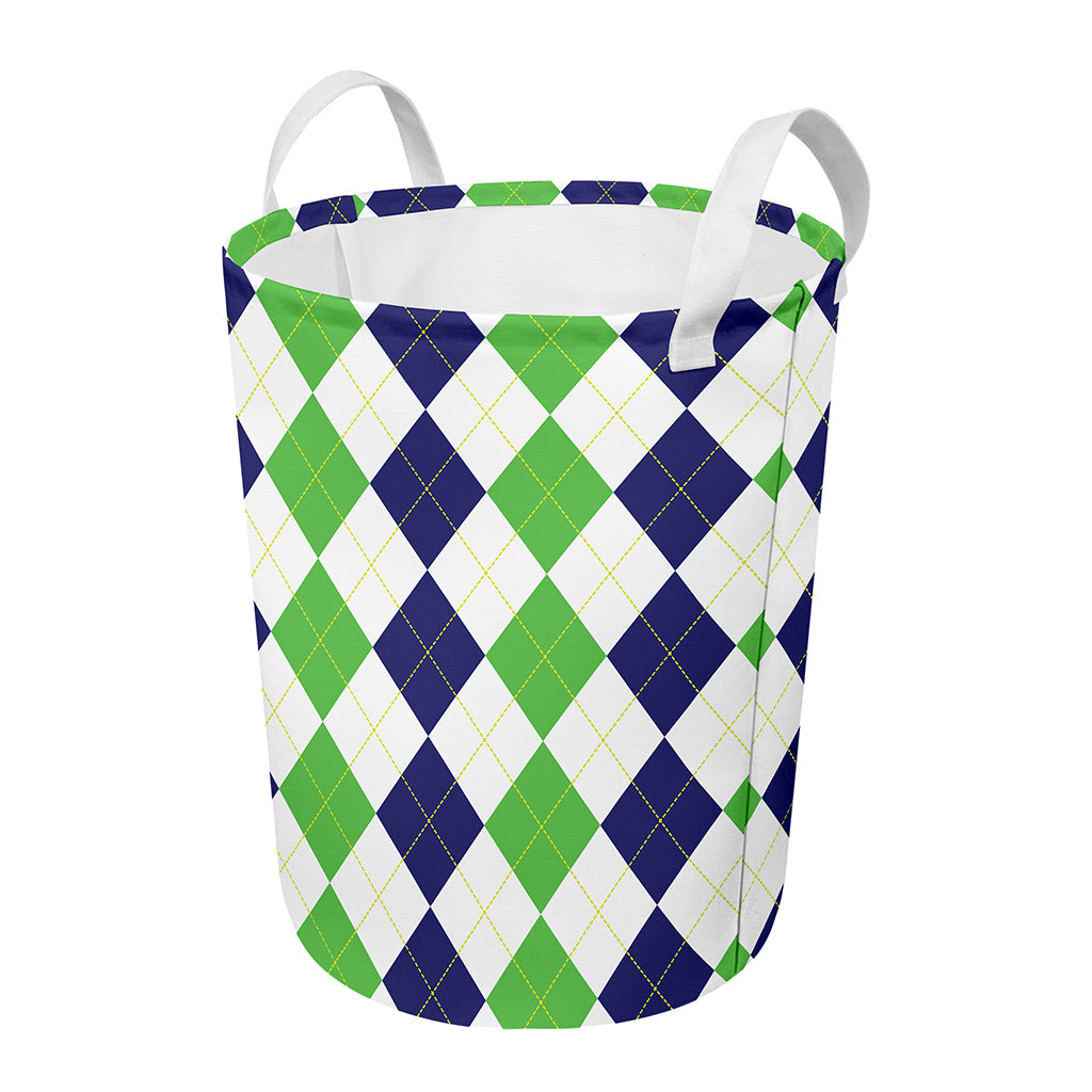 Green White And Navy Argyle Print Round Laundry Basket