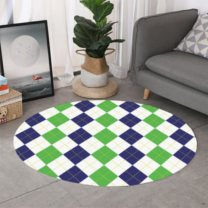 Green White And Navy Argyle Print Round Rug