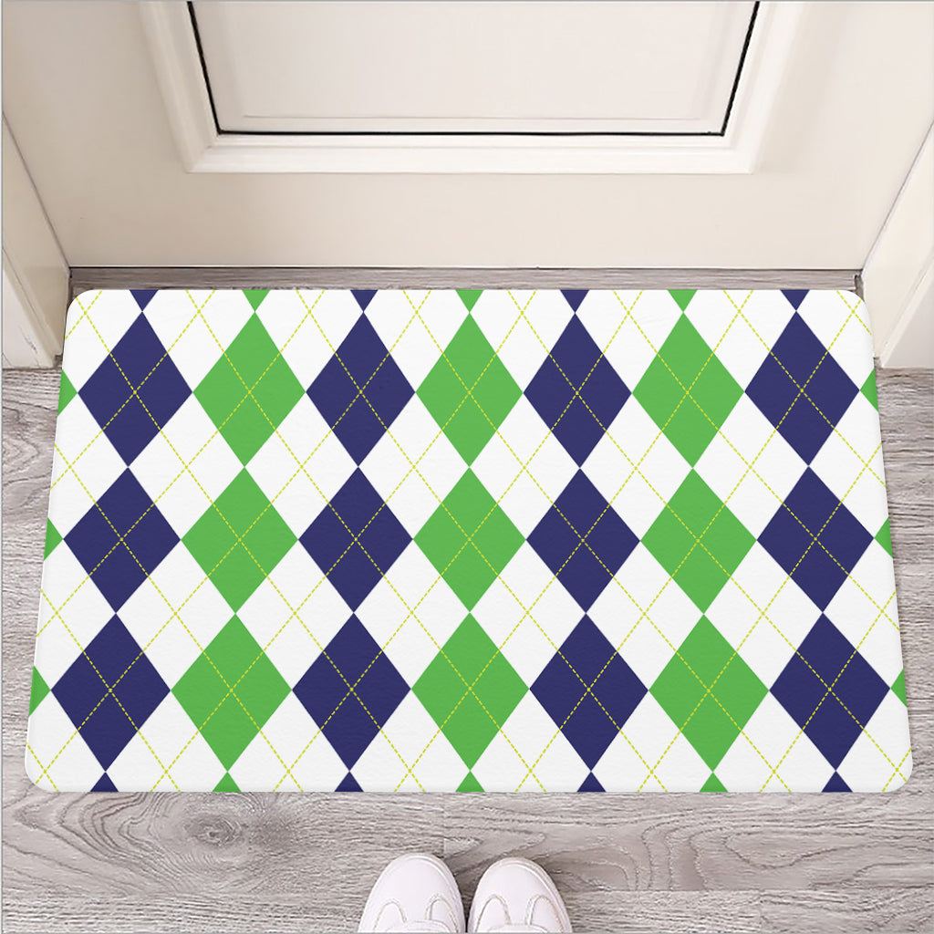 Green White And Navy Argyle Print Rubber Doormat