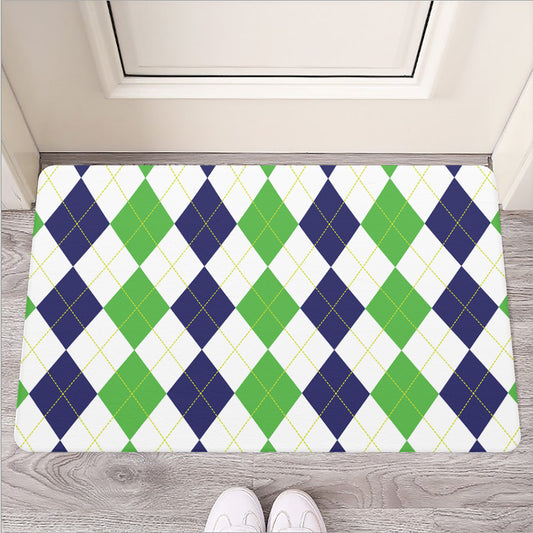 Green White And Navy Argyle Print Rubber Doormat