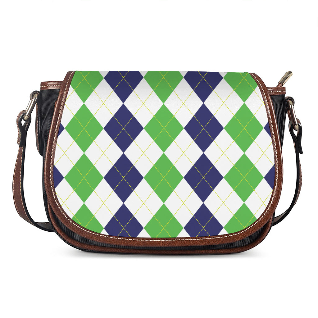 Green White And Navy Argyle Print Saddle Bag