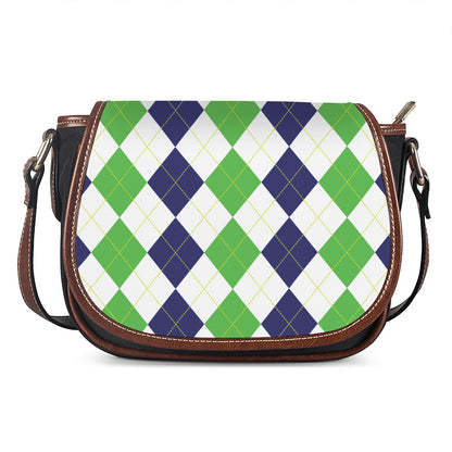 Green White And Navy Argyle Print Saddle Bag