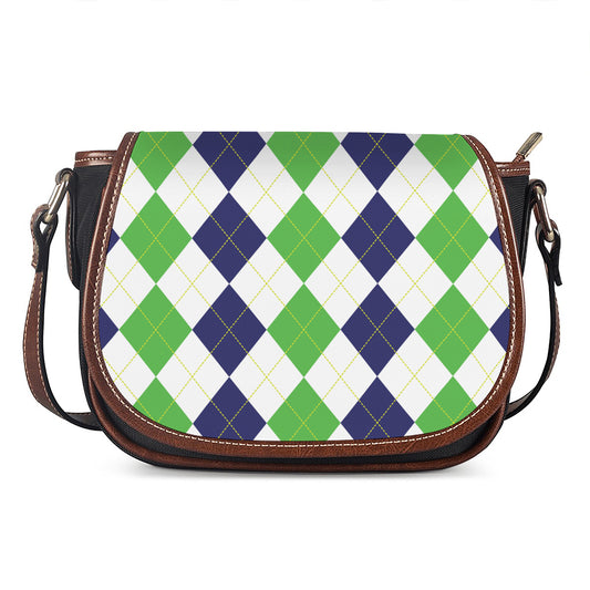 Green White And Navy Argyle Print Saddle Bag