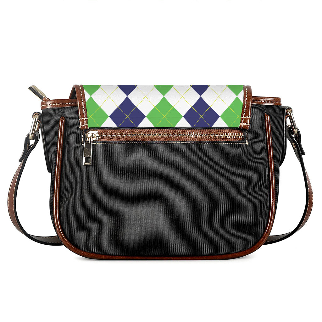 Green White And Navy Argyle Print Saddle Bag