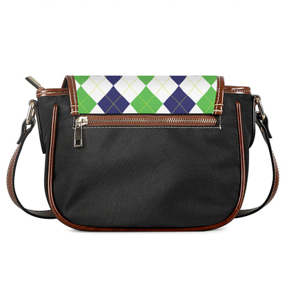 Green White And Navy Argyle Print Saddle Bag
