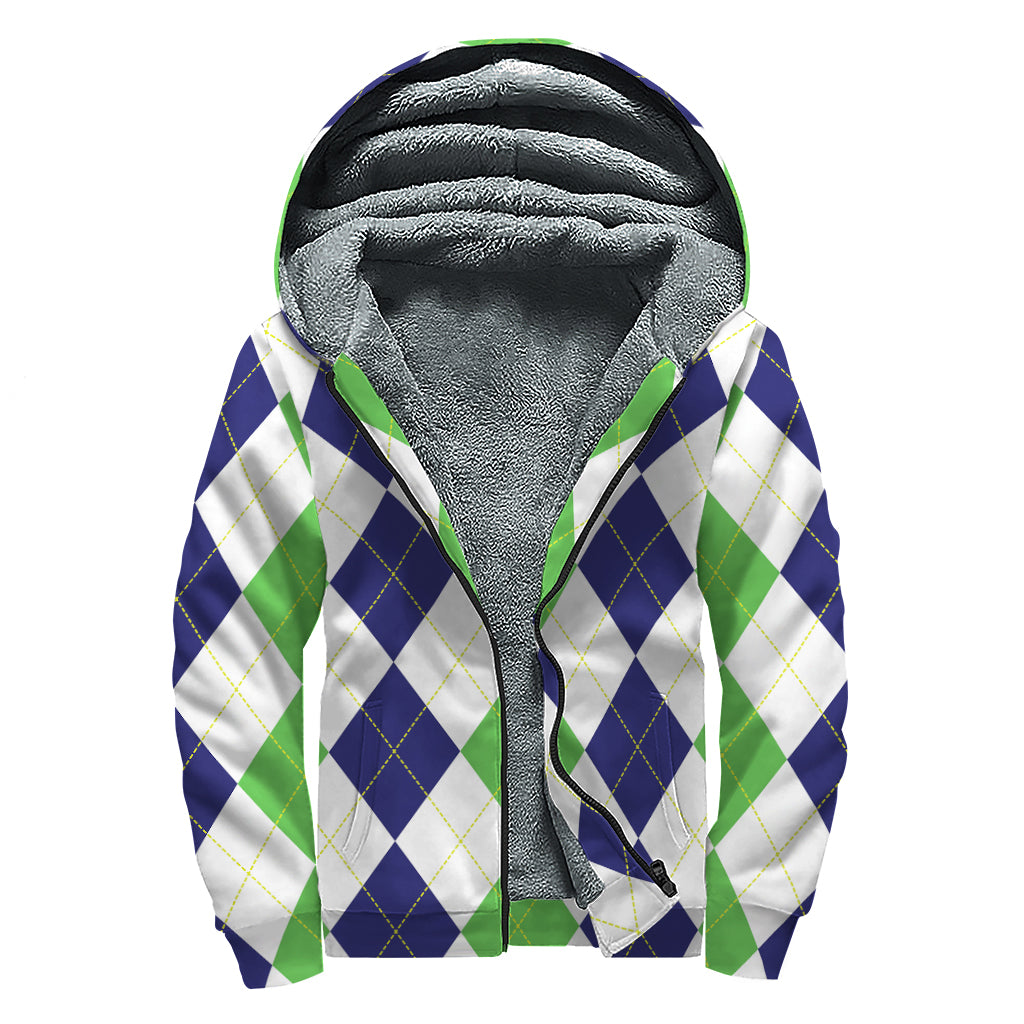 Green White And Navy Argyle Print Sherpa Lined Zip Up Hoodie