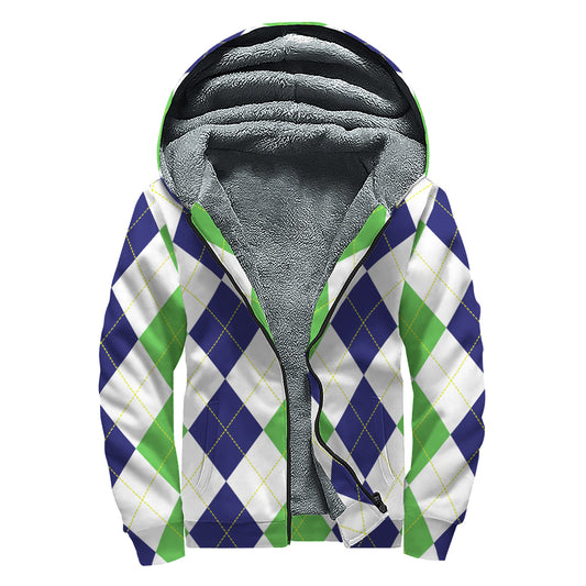 Green White And Navy Argyle Print Sherpa Lined Zip Up Hoodie