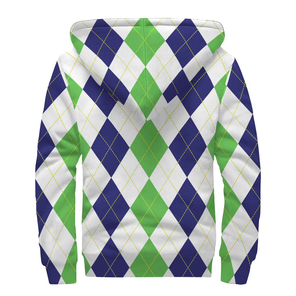 Green White And Navy Argyle Print Sherpa Lined Zip Up Hoodie