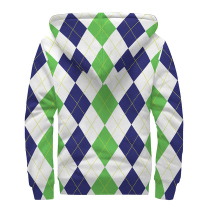 Green White And Navy Argyle Print Sherpa Lined Zip Up Hoodie