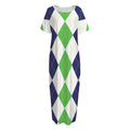 Green White And Navy Argyle Print Short Sleeve Long Nightdress