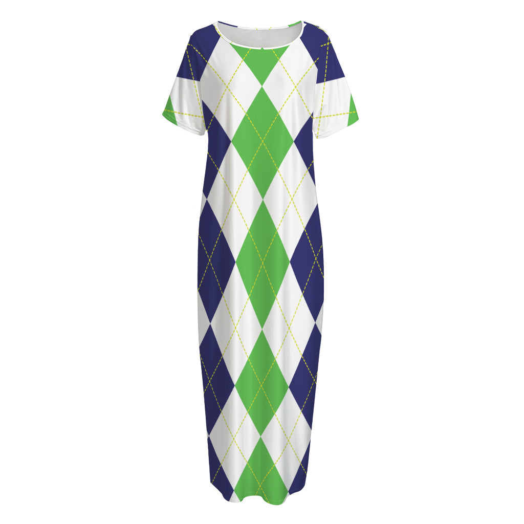 Green White And Navy Argyle Print Short Sleeve Long Nightdress