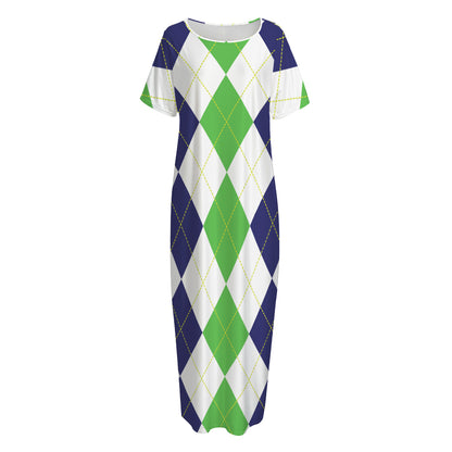 Green White And Navy Argyle Print Short Sleeve Long Nightdress