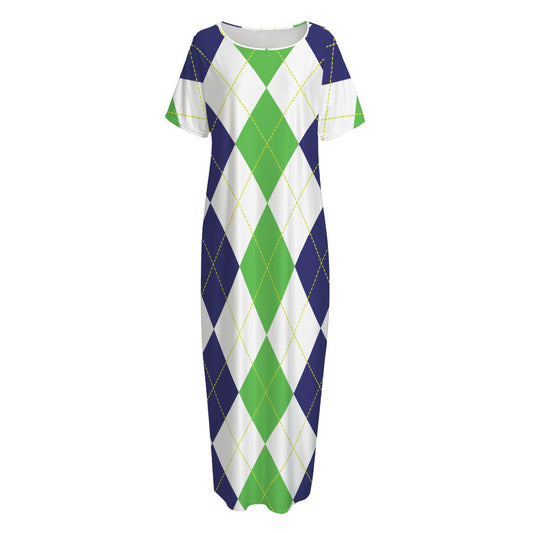 Green White And Navy Argyle Print Short Sleeve Long Nightdress