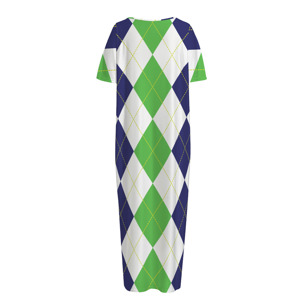 Green White And Navy Argyle Print Short Sleeve Long Nightdress