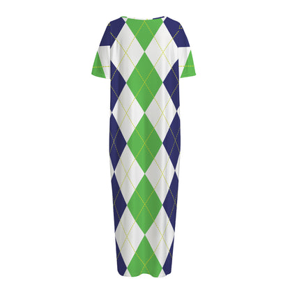 Green White And Navy Argyle Print Short Sleeve Long Nightdress