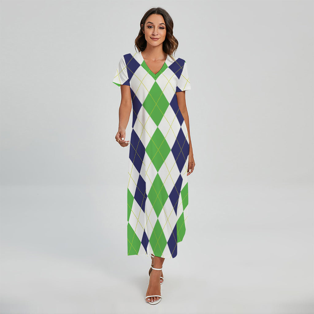 Green White And Navy Argyle Print Short Sleeve Maxi Dress
