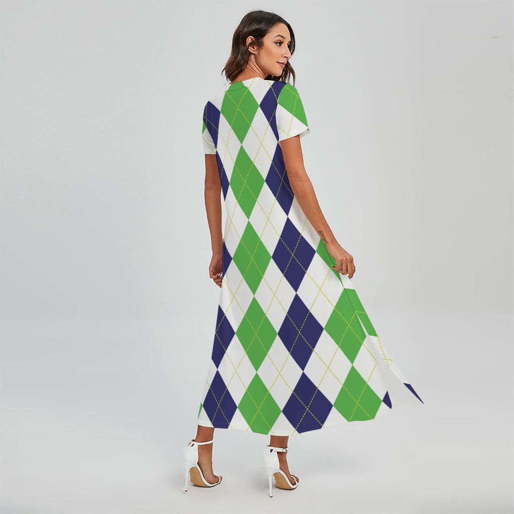 Green White And Navy Argyle Print Short Sleeve Maxi Dress