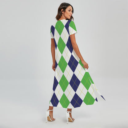Green White And Navy Argyle Print Short Sleeve Maxi Dress