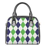 Green White And Navy Argyle Print Shoulder Handbag