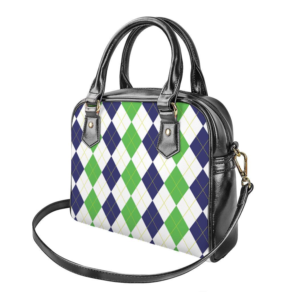 Green White And Navy Argyle Print Shoulder Handbag