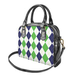 Green White And Navy Argyle Print Shoulder Handbag