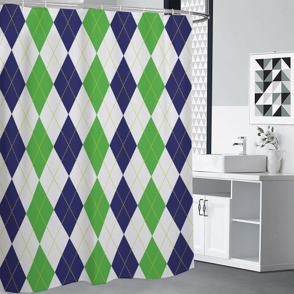 Green White And Navy Argyle Print Shower Curtain