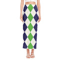 Green White And Navy Argyle Print Side Slit Maxi Skirt