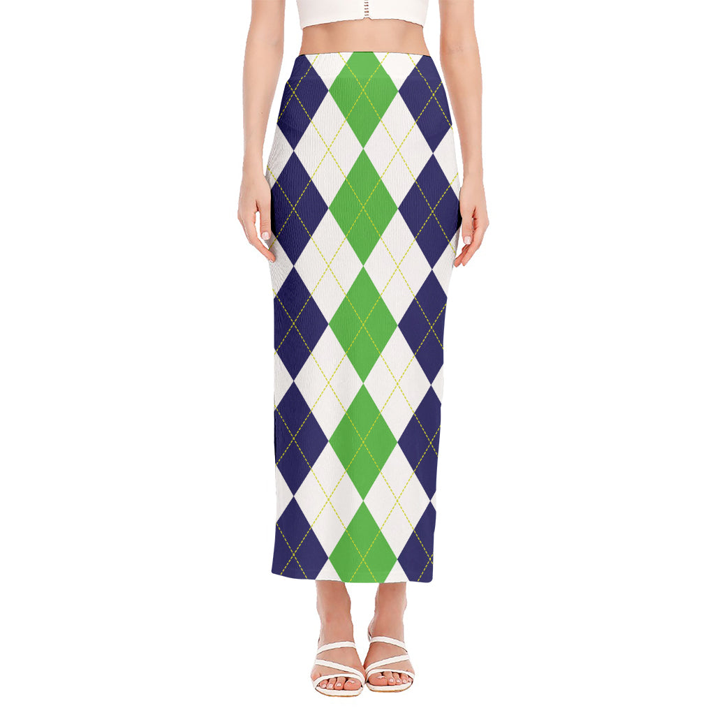Green White And Navy Argyle Print Side Slit Maxi Skirt