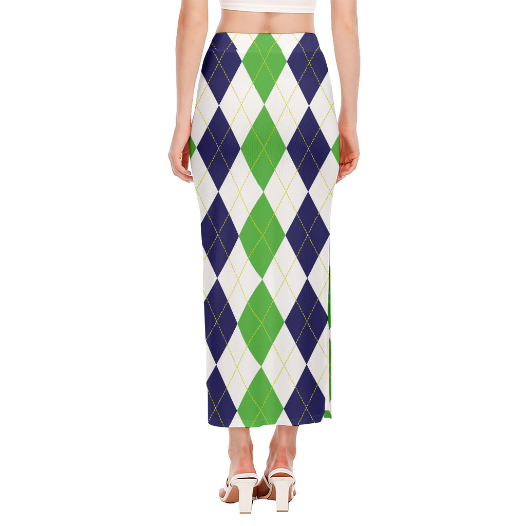 Green White And Navy Argyle Print Side Slit Maxi Skirt