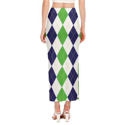 Green White And Navy Argyle Print Side Slit Maxi Skirt