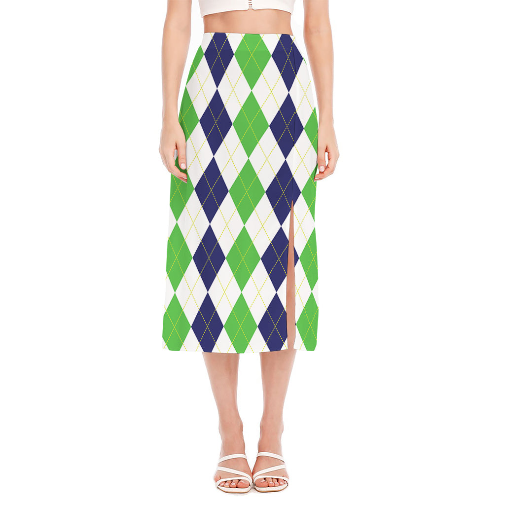 Green White And Navy Argyle Print Side Slit Midi Skirt